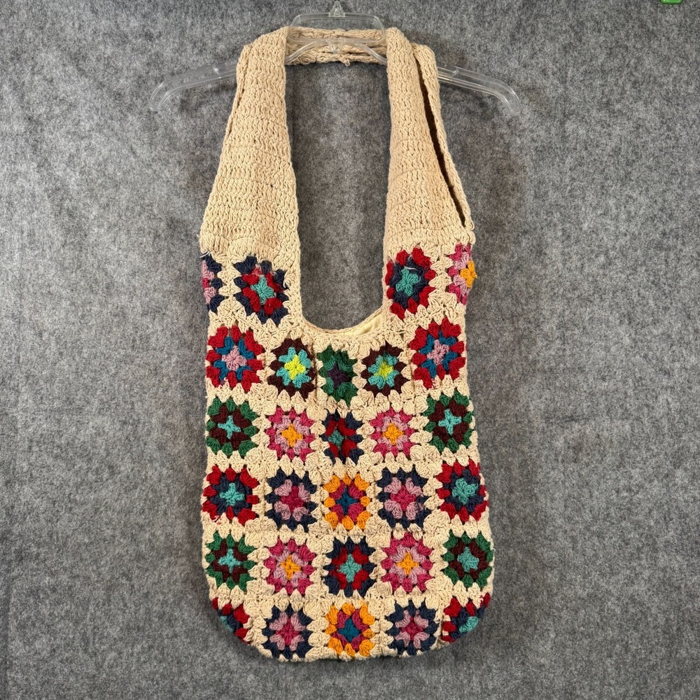 Crochet Granny Square Shoulderbag Natural Cottagecore Hippie Bohemian Tote Purse